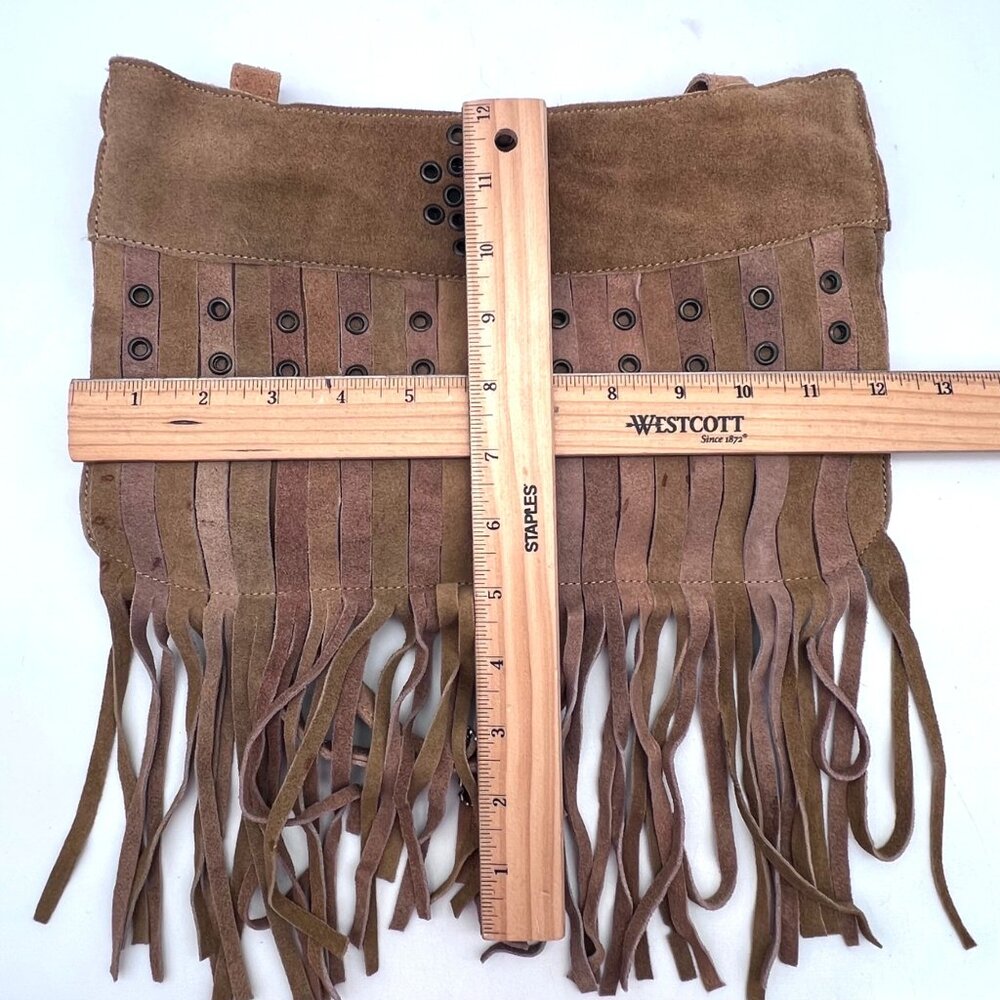 Genuine Leather Fringe Handbag Purse Grommet Brown Shoulder Strap Zip Pockets - Picture 11 of 12